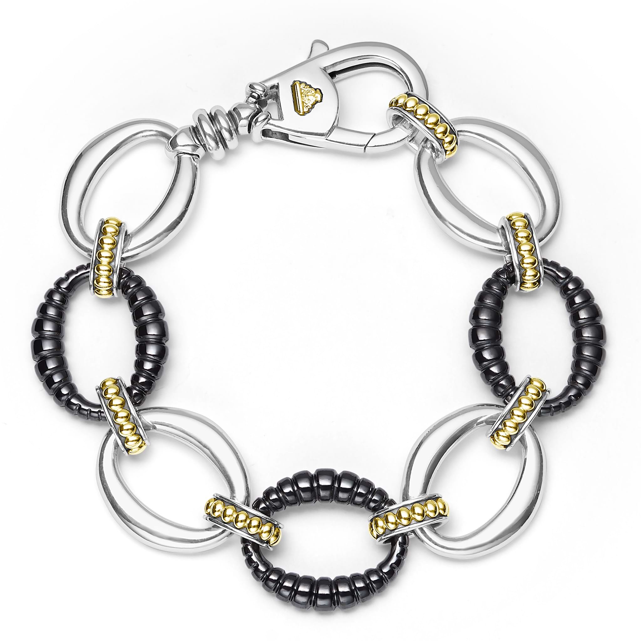 sterling silver link bracelet with gold and black ceramic beading 