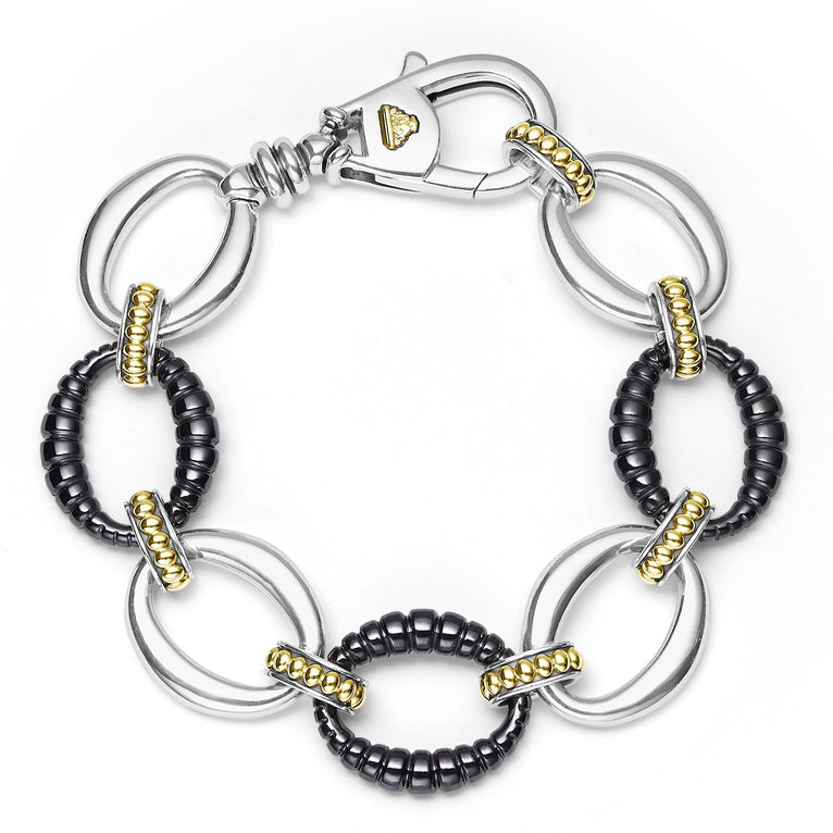 sterling silver link bracelet with gold and black ceramic beading 