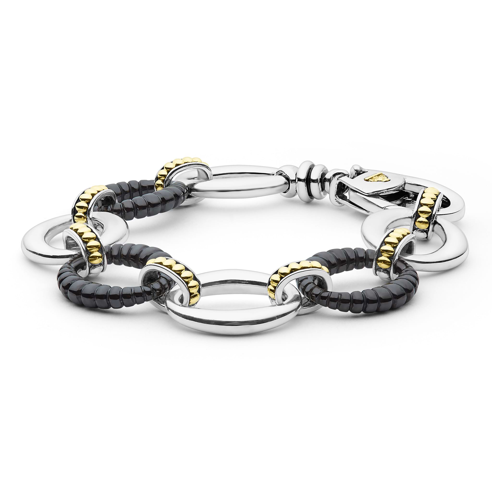 flat sterling silver link bracelet with gold and black ceramic beading 