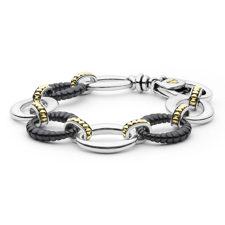 flat sterling silver link bracelet with gold and black ceramic beading 