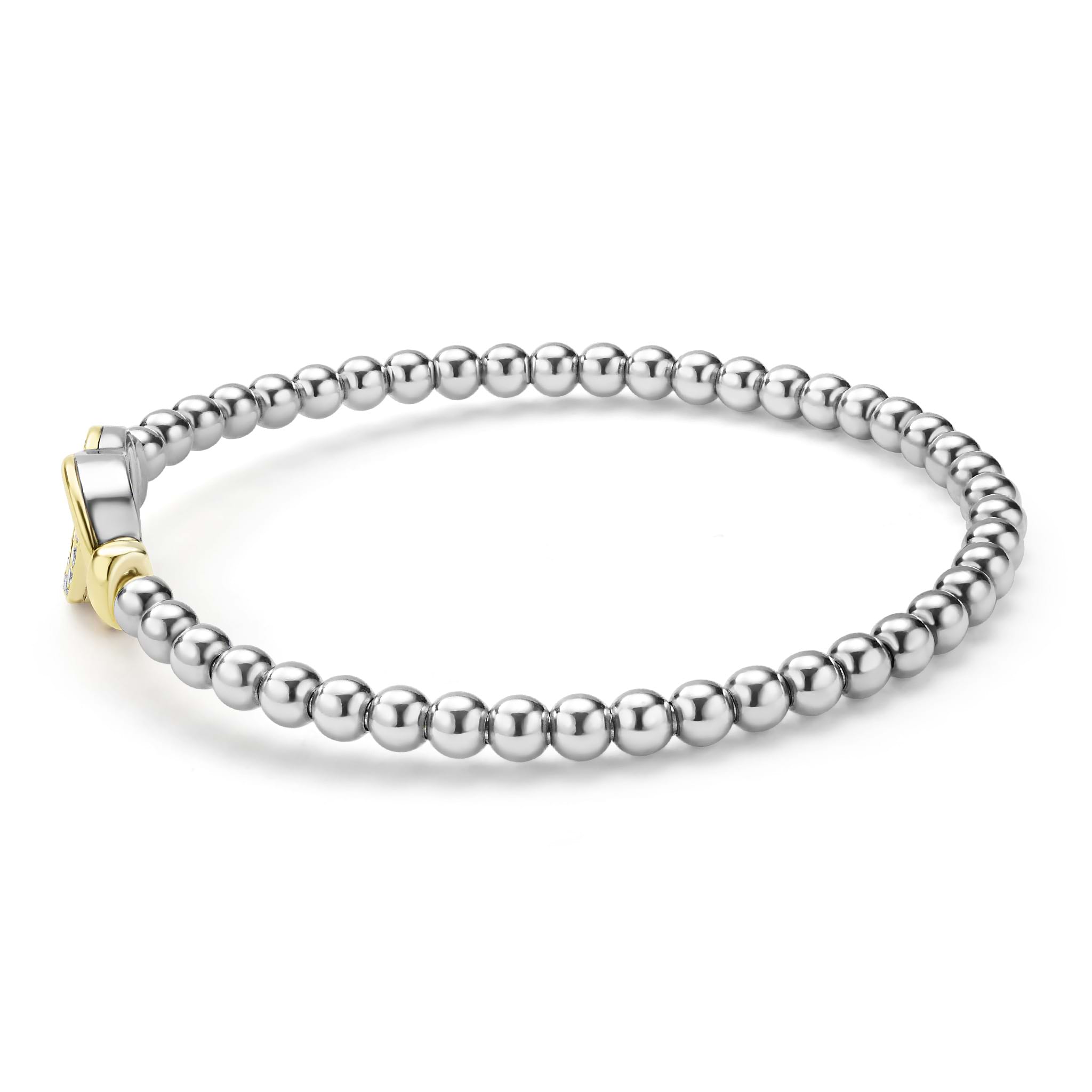 side of everyday sterling silver beaded stretch bracelet with interlocking diamonds and gold details 