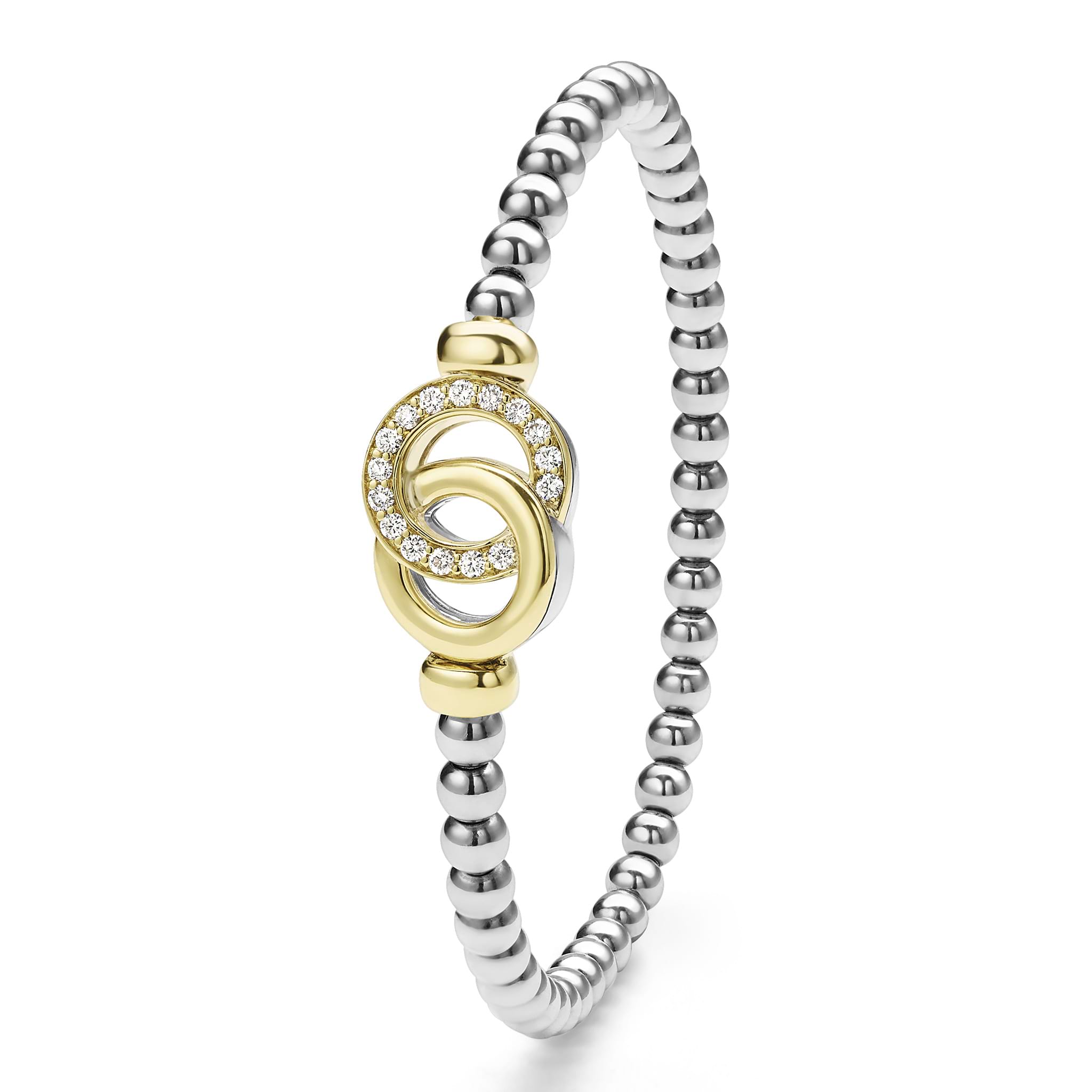 upright everyday sterling silver beaded stretch bracelet with interlocking diamonds and gold details 