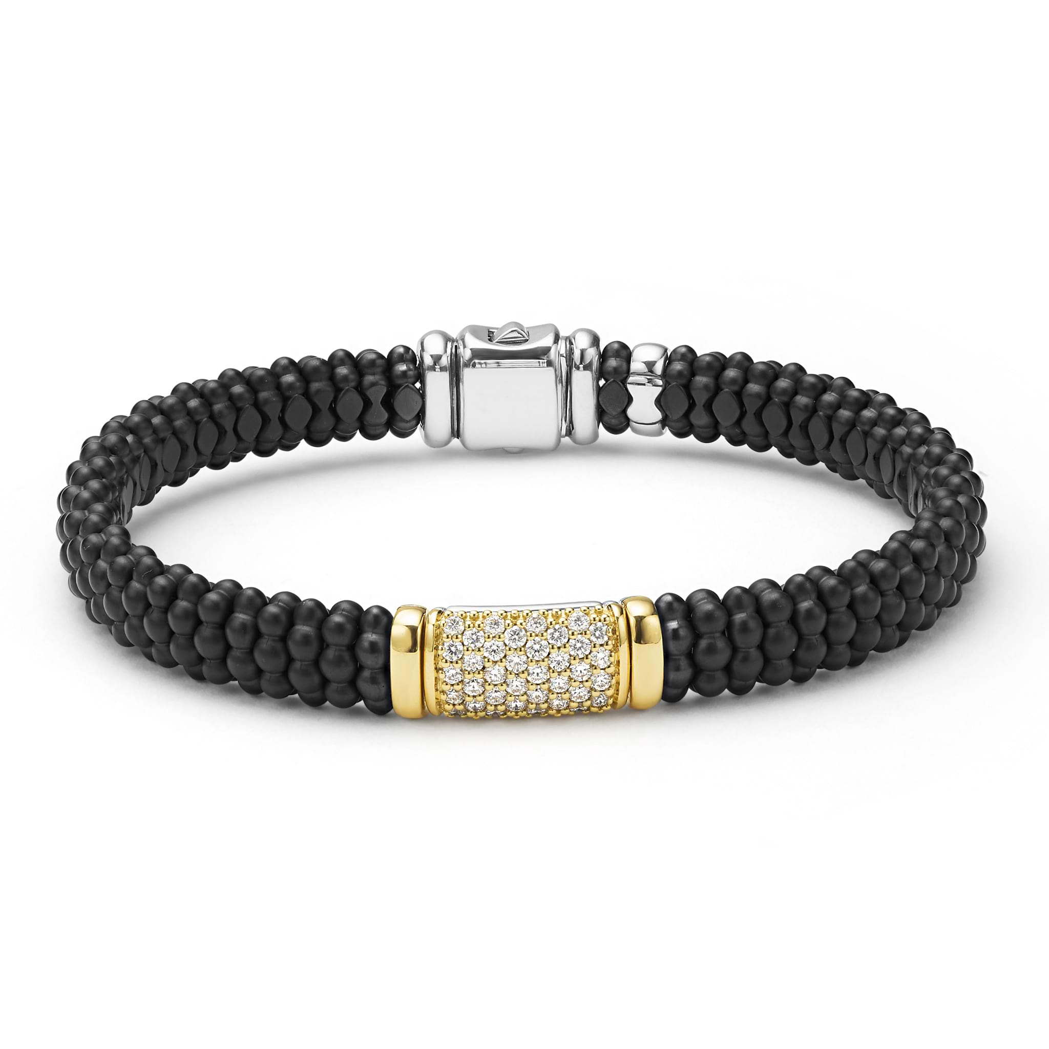 LAGOS 18K Gold matte black ceramic Caviar bracelet with diamond station, 9mm