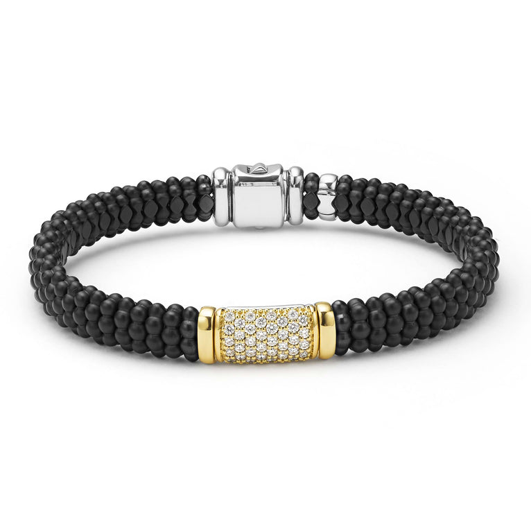 LAGOS 18K Gold matte black ceramic Caviar bracelet with diamond station, 9mm