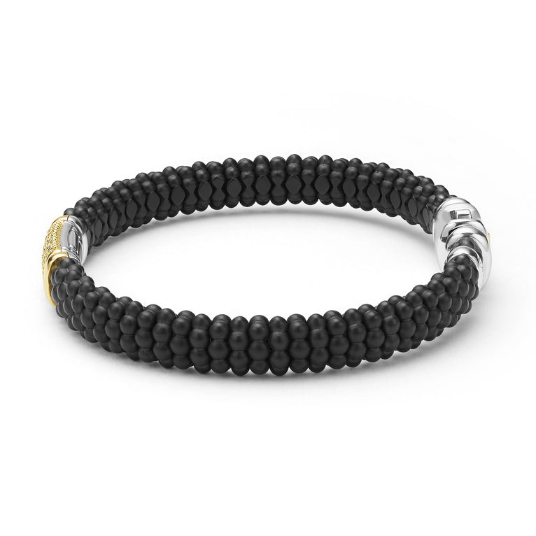 LAGOS 18K Gold matte black ceramic Caviar bracelet with diamond station, 9mm
