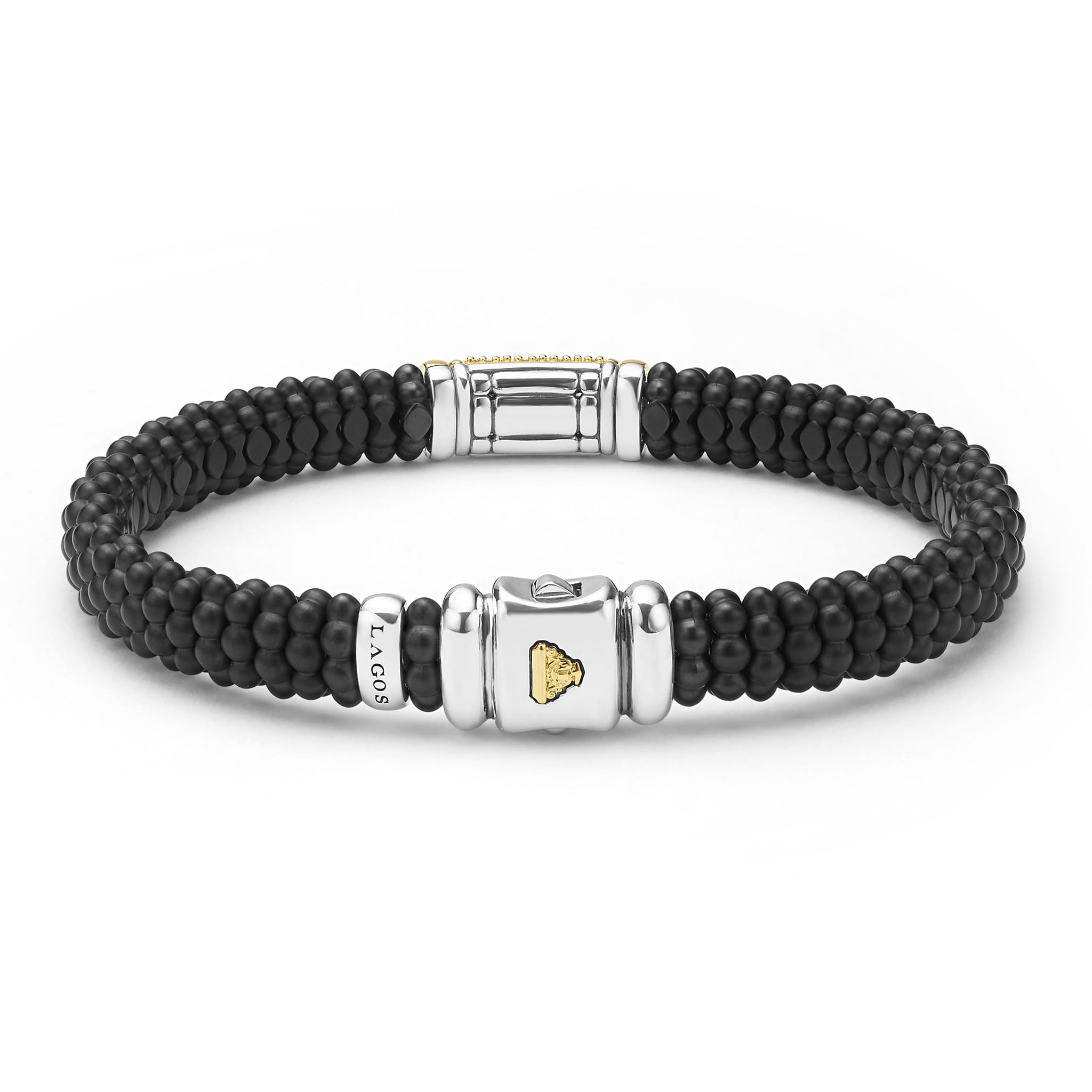 LAGOS 18K Gold matte black ceramic Caviar bracelet with diamond station, 9mm