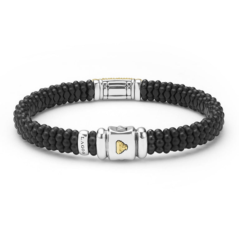 LAGOS 18K Gold matte black ceramic Caviar bracelet with diamond station, 9mm