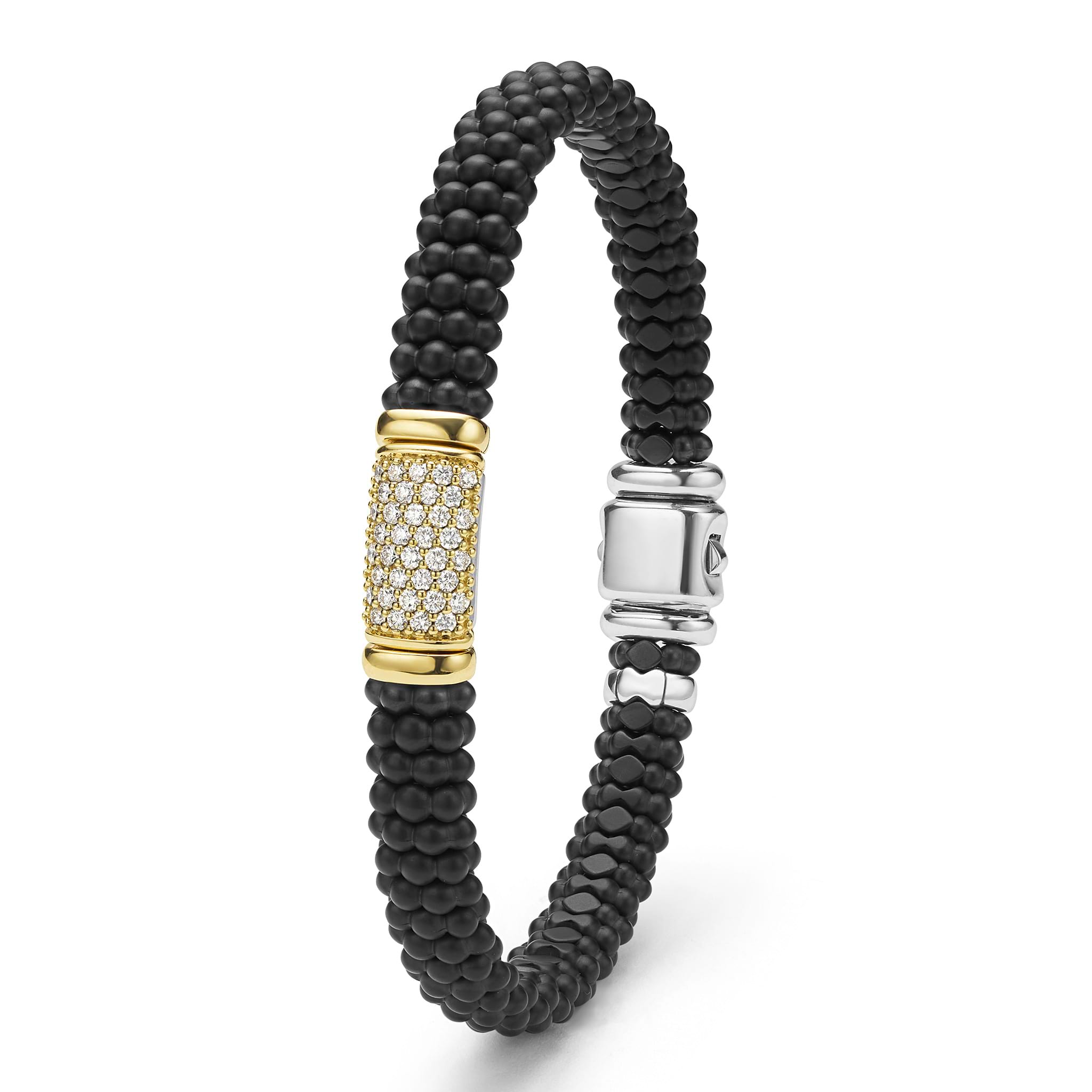 LAGOS 18K Gold matte black ceramic Caviar bracelet with diamond station, 9mm