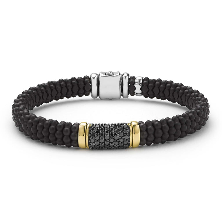LAGOS 18K Gold matte black ceramic Caviar bracelet with black diamond station, 9mm