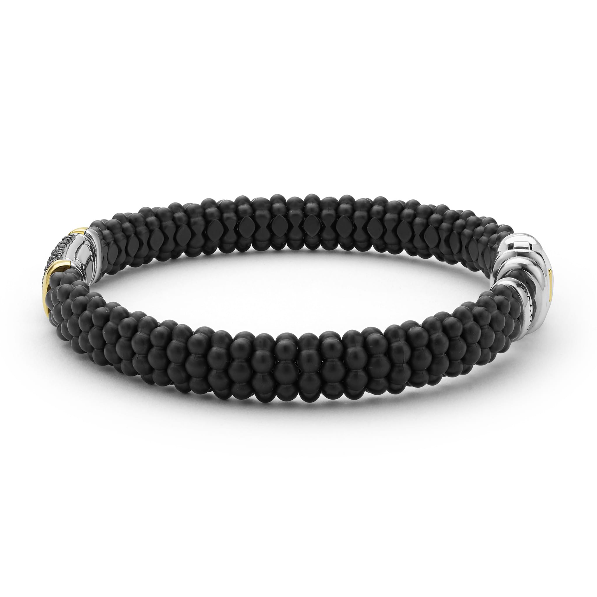 LAGOS 18K Gold matte black ceramic Caviar bracelet with black diamond station, 9mm