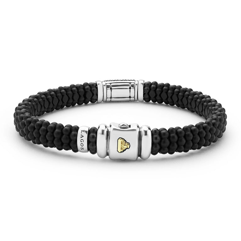 LAGOS 18K Gold matte black ceramic Caviar bracelet with black diamond station, 9mm