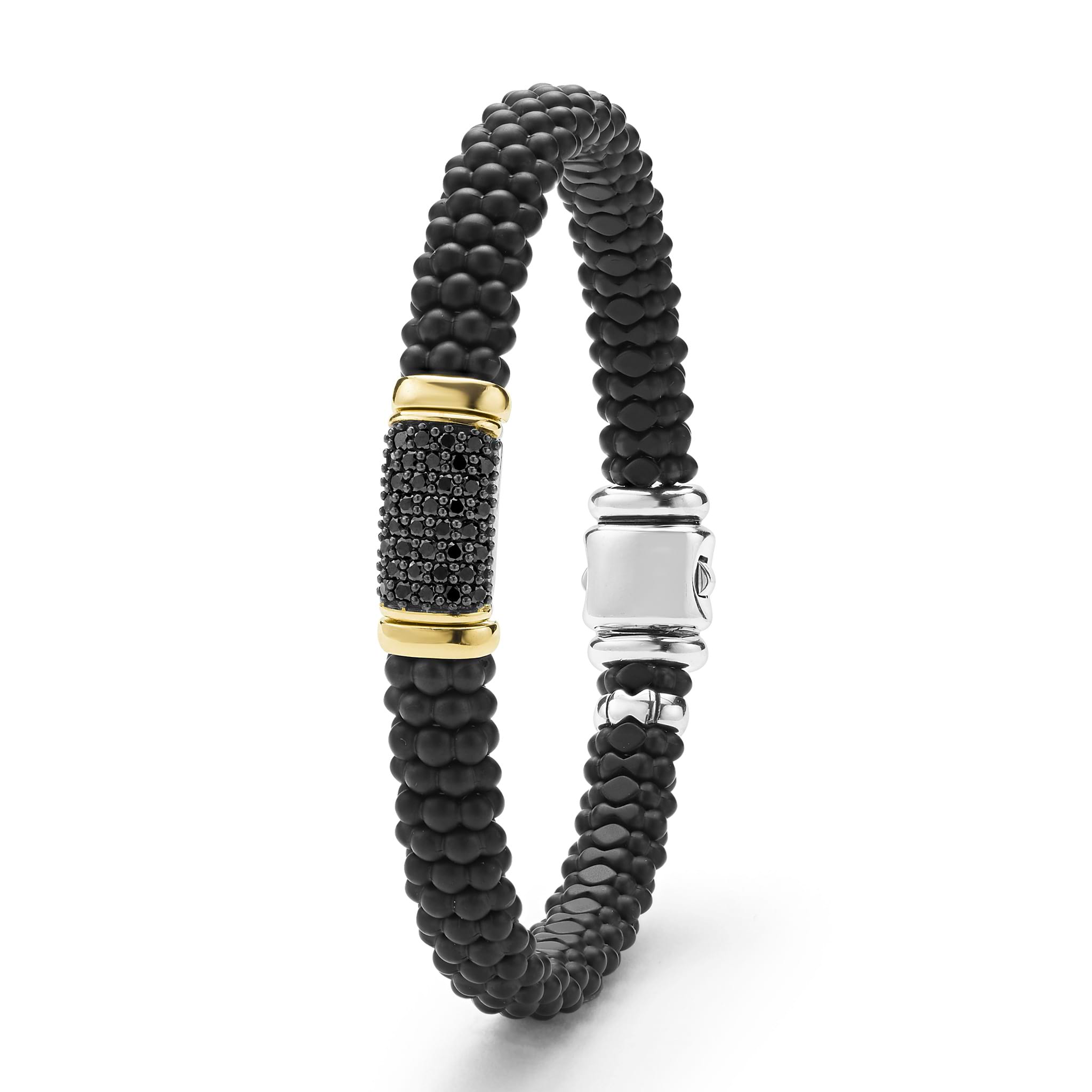 LAGOS 18K Gold matte black ceramic Caviar bracelet with black diamond station, 9mm