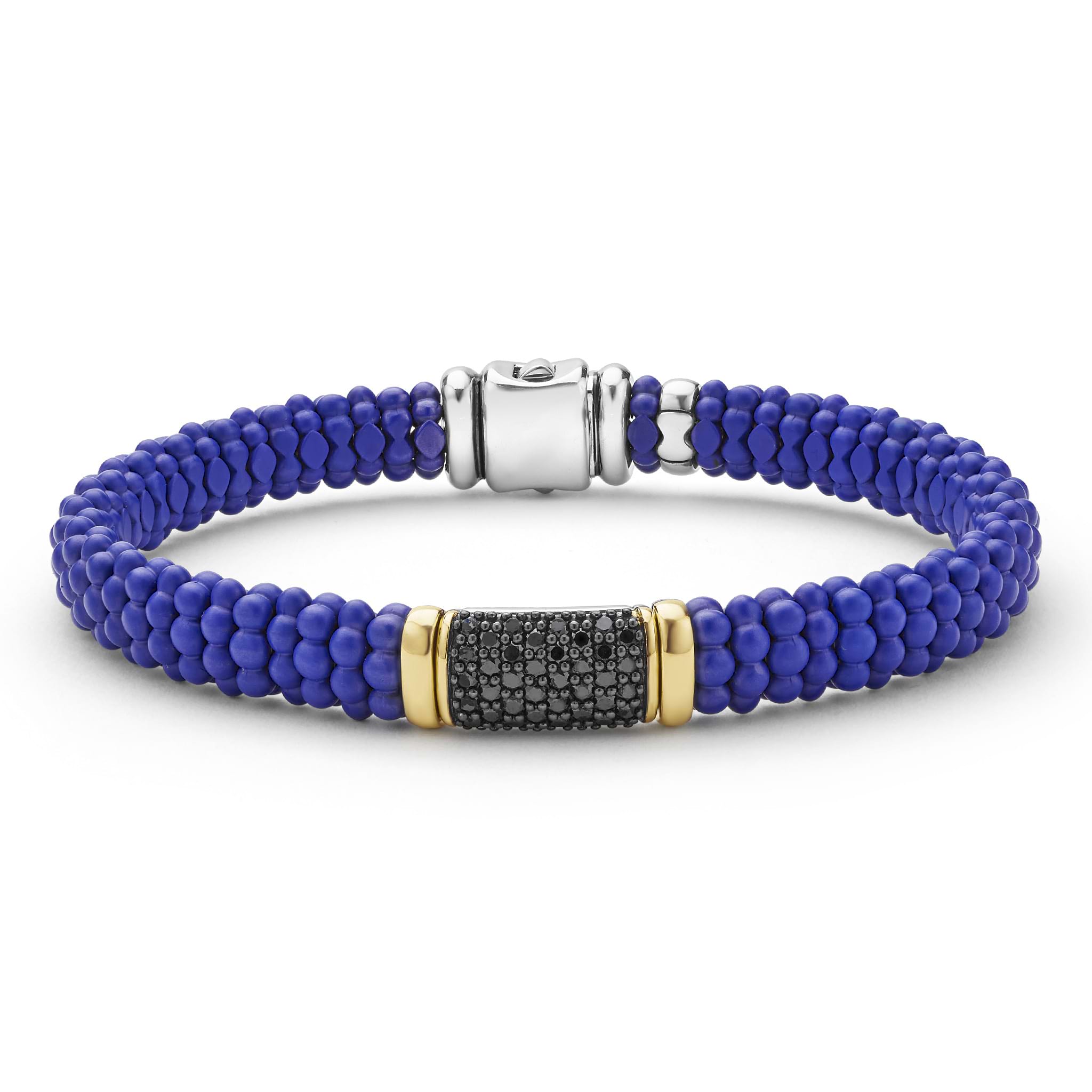 LAGOS 18K Gold matte ultramarine ceramic Caviar bracelet with black diamond station, 9mm