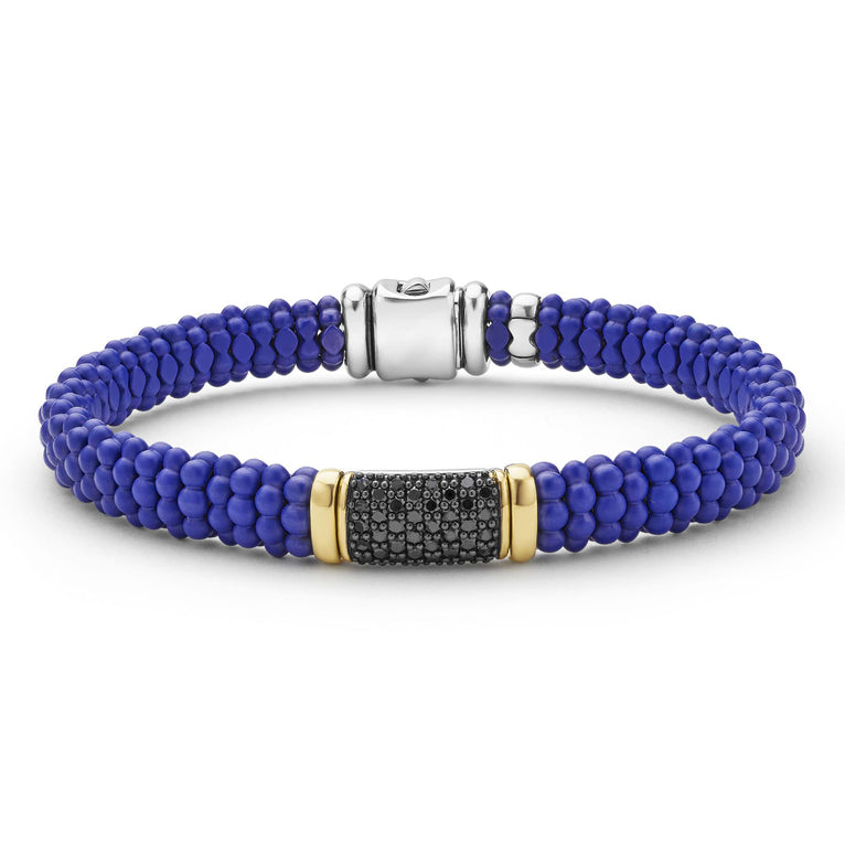 LAGOS 18K Gold matte ultramarine ceramic Caviar bracelet with black diamond station, 9mm