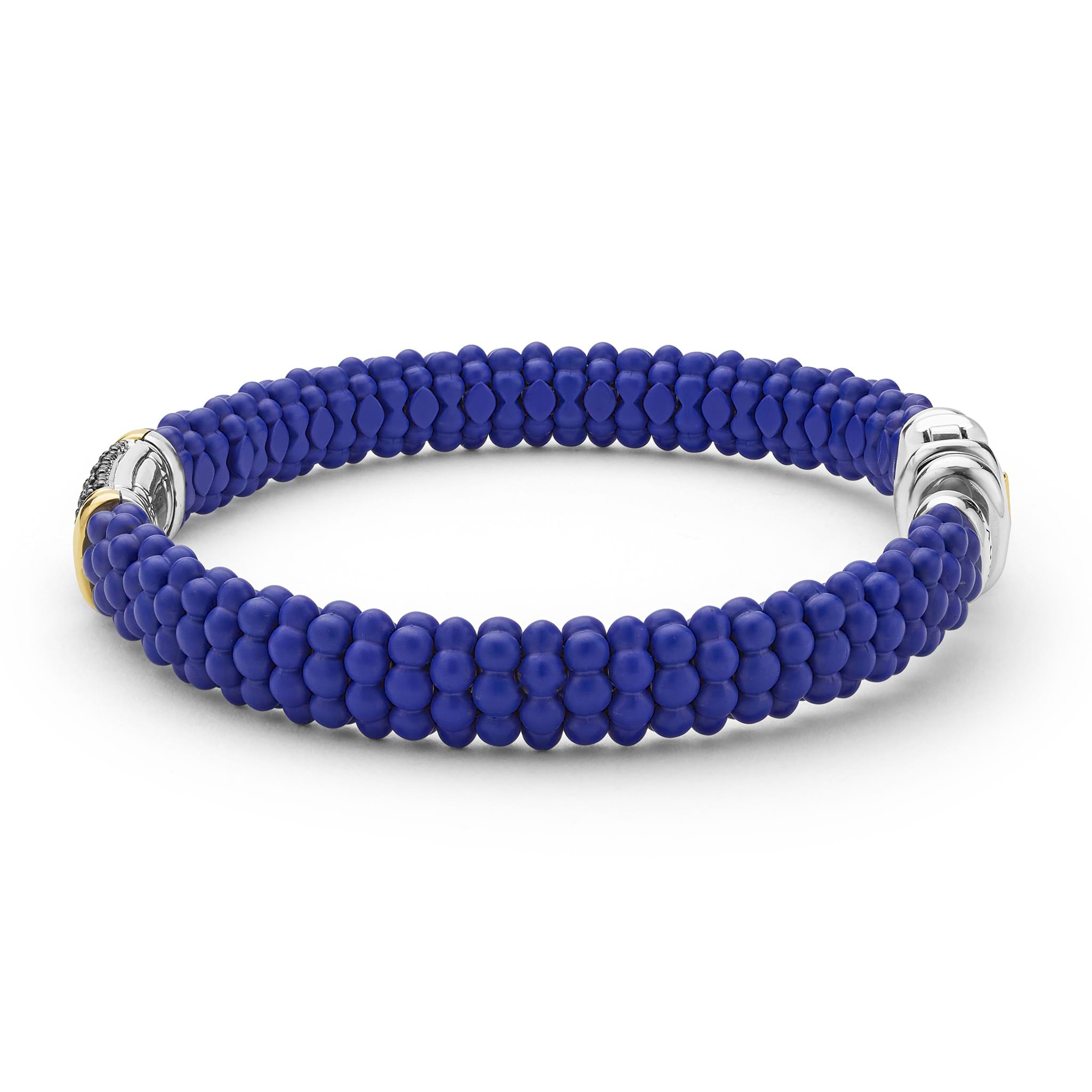 LAGOS 18K Gold matte ultramarine ceramic Caviar bracelet with black diamond station, 9mm