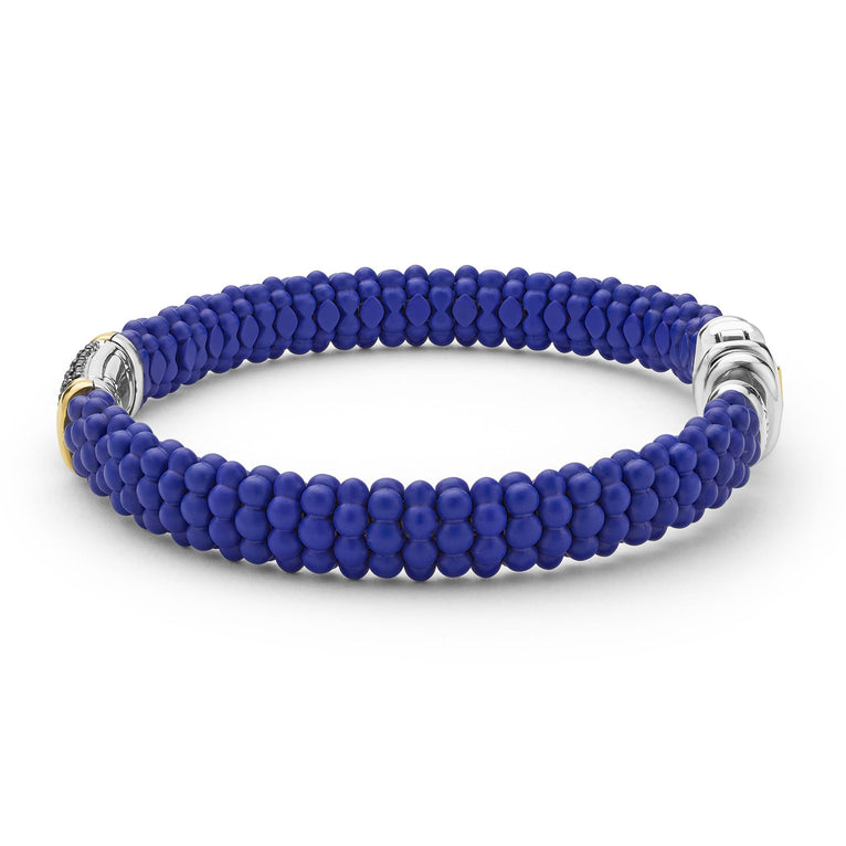 LAGOS 18K Gold matte ultramarine ceramic Caviar bracelet with black diamond station, 9mm