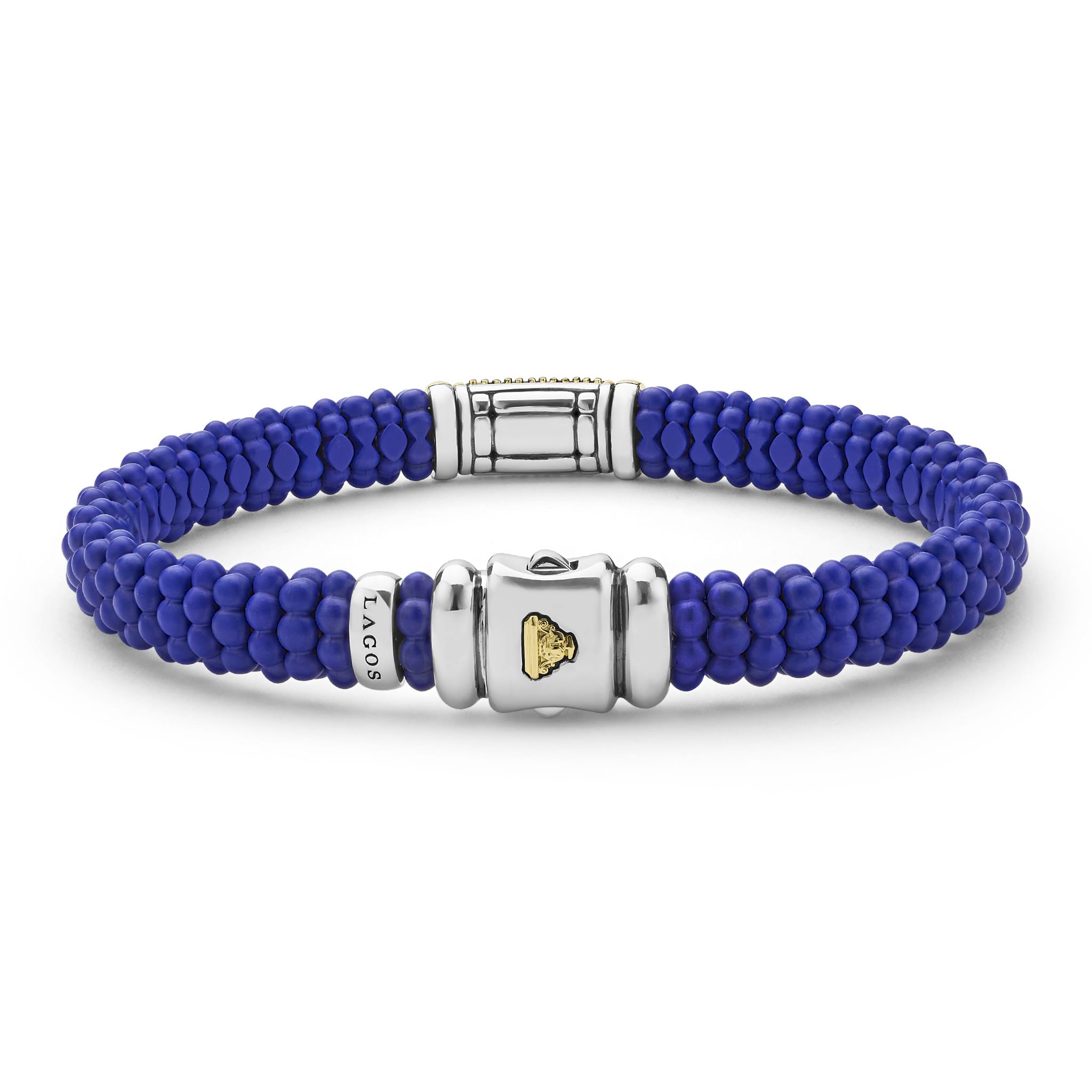 LAGOS 18K Gold matte ultramarine ceramic Caviar bracelet with black diamond station, 9mm