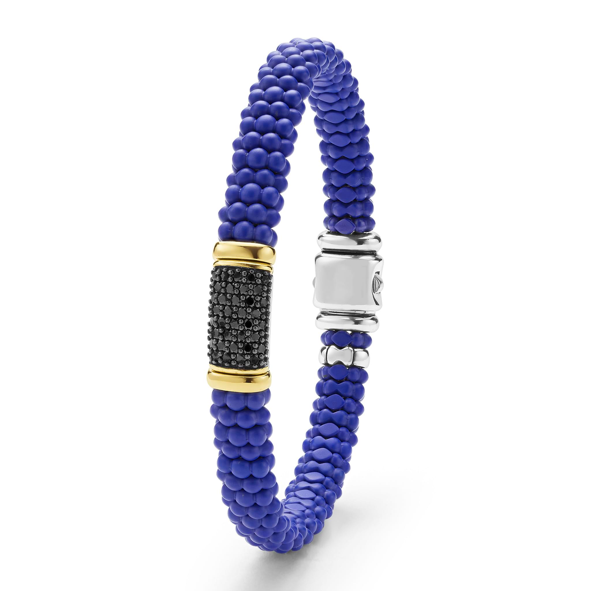 LAGOS 18K Gold matte ultramarine ceramic Caviar bracelet with black diamond station, 9mm