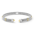 front of 5mm sterling silver cuff-style bracelet with gold beaded accents