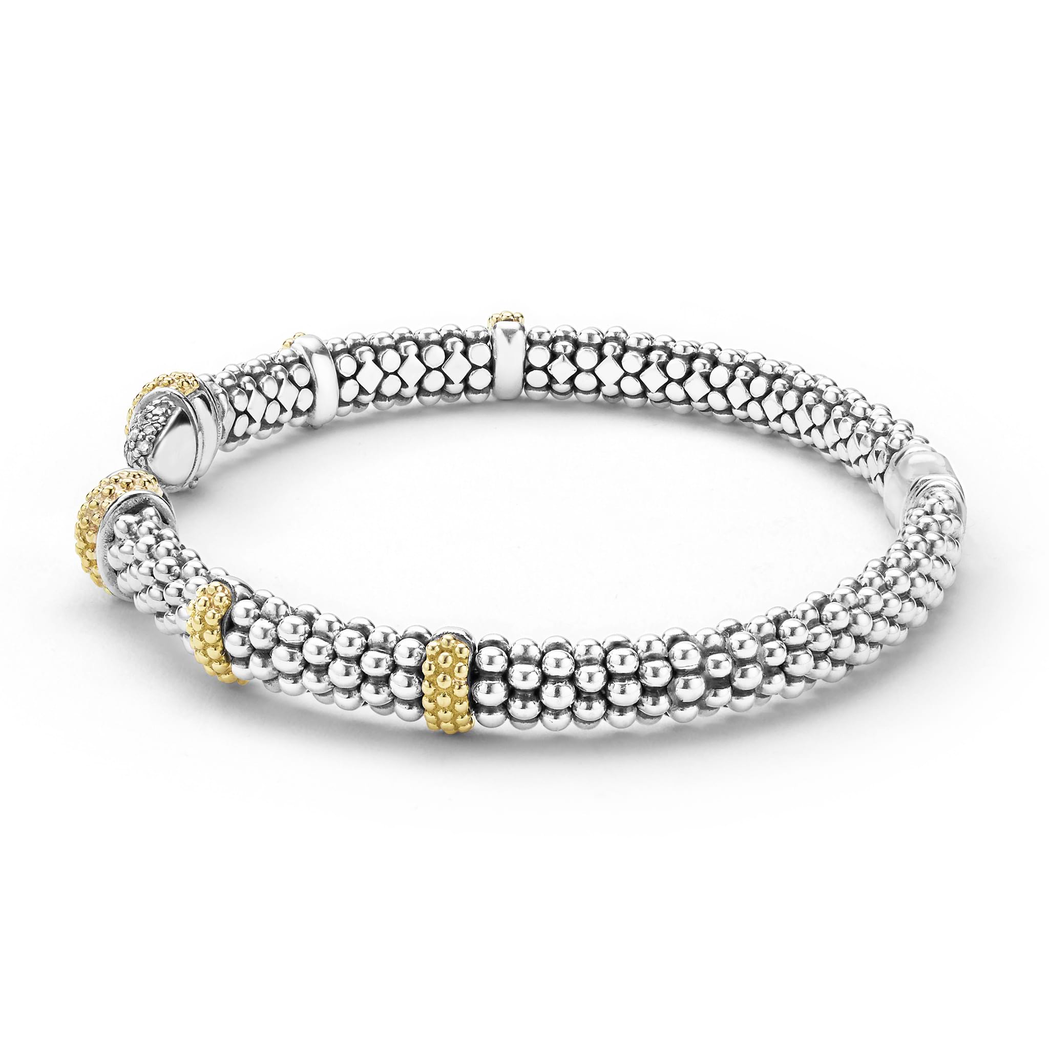 side of 5mm Sterling silver cuff-style bracelet with gold and diamond accents