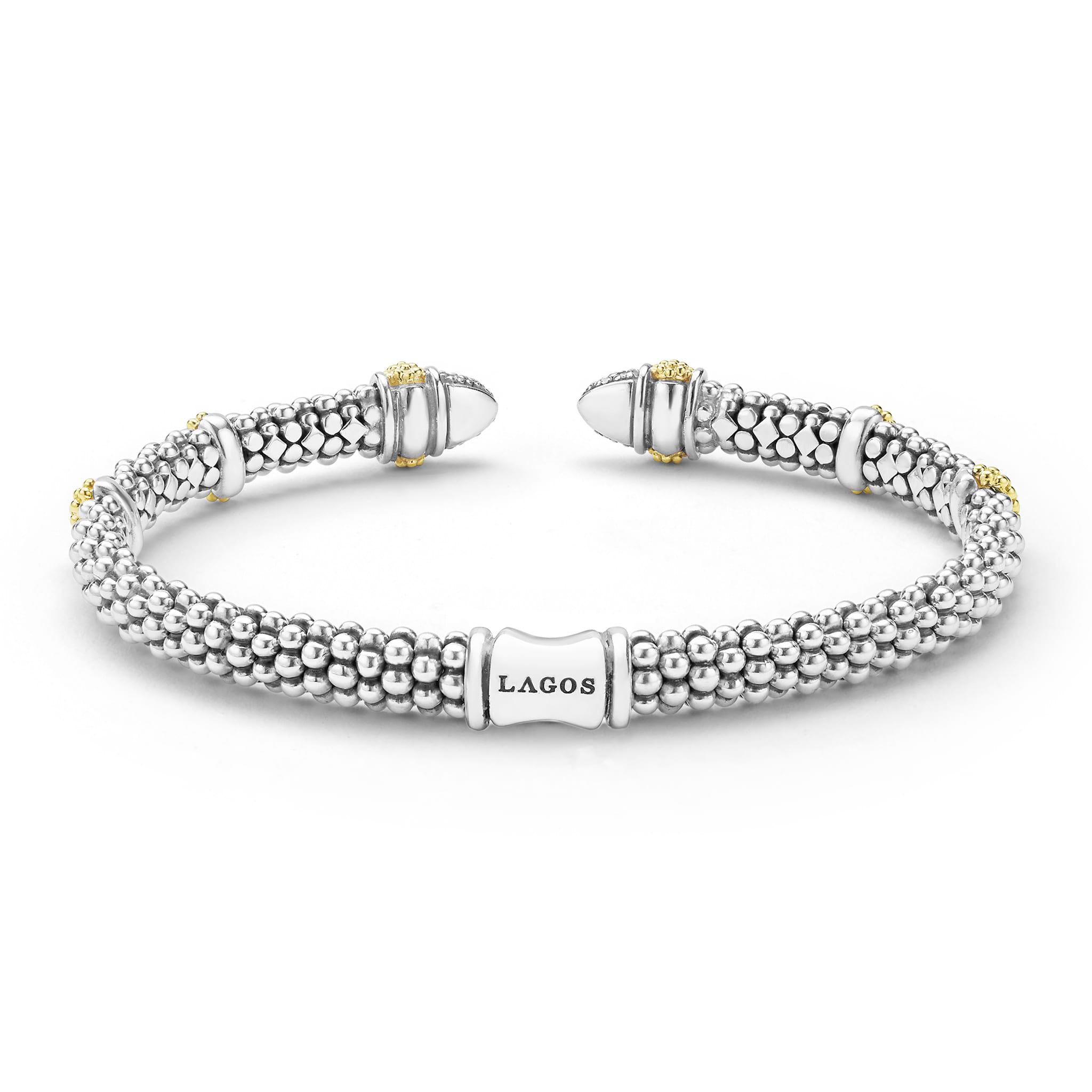 back of 5mm Sterling silver cuff-style bracelet with gold and diamond accents with LAGOS engraving