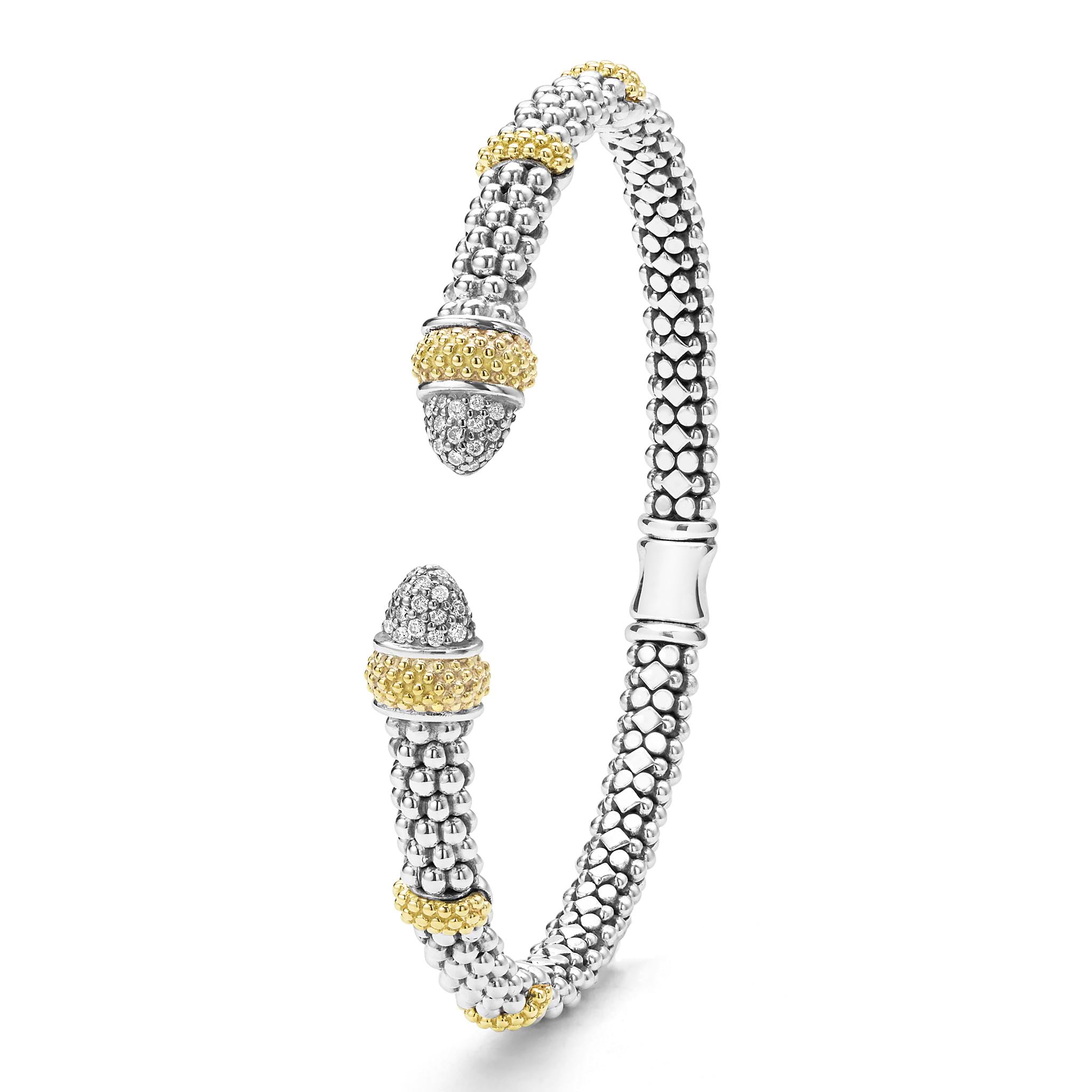 upright 5mm Sterling silver cuff-style bracelet with gold and diamond accents 