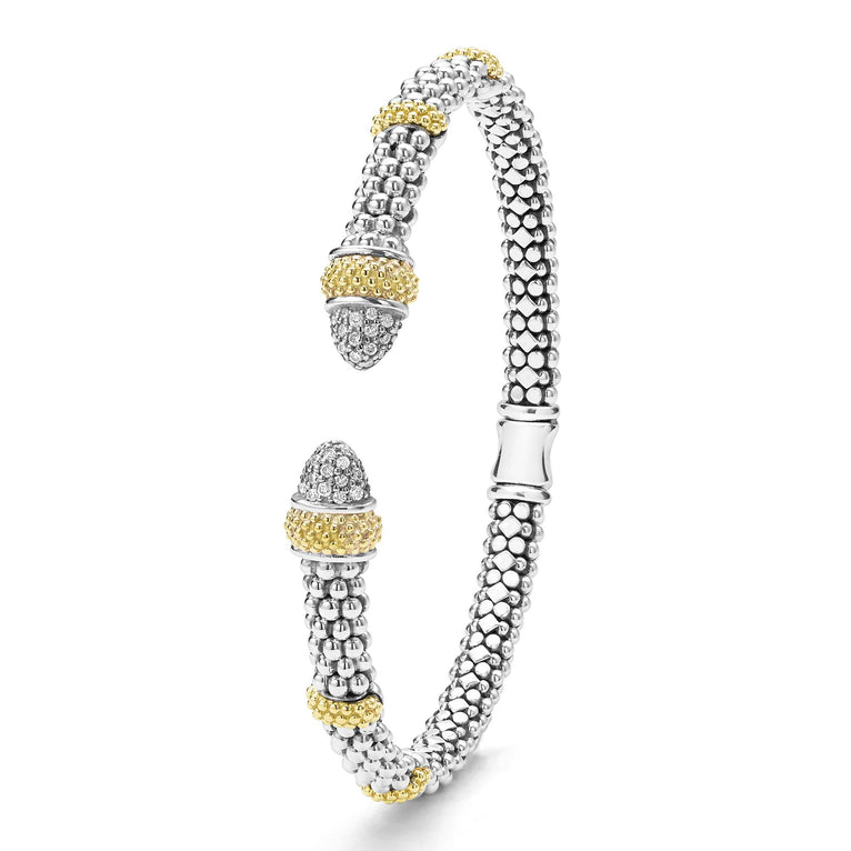 upright 5mm Sterling silver cuff-style bracelet with gold and diamond accents 