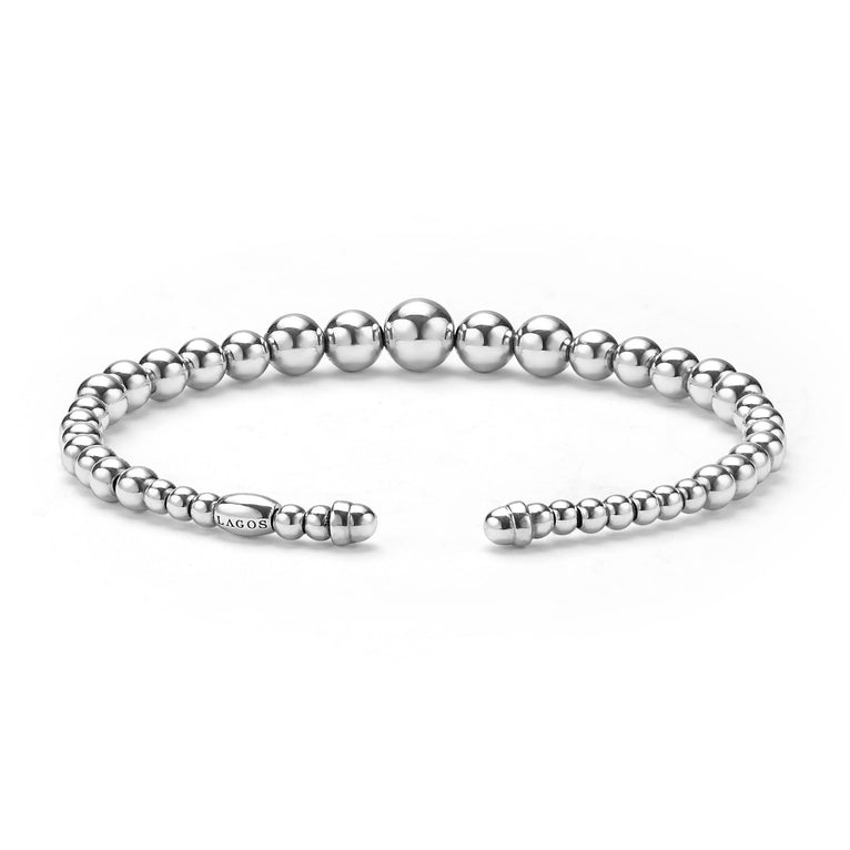 back of 7mm sterling silver beaded cuff bracelet with LAGOS engraving