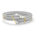 front of 5mm sterling silver wrap bracelet with gold beaded accents