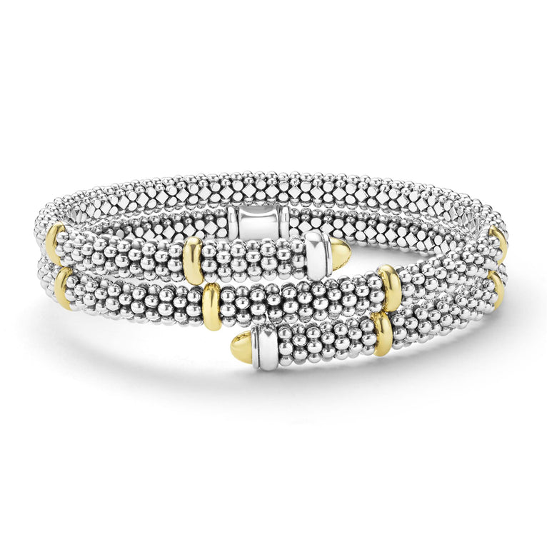 front of 5mm sterling silver wrap bracelet with gold beaded accents