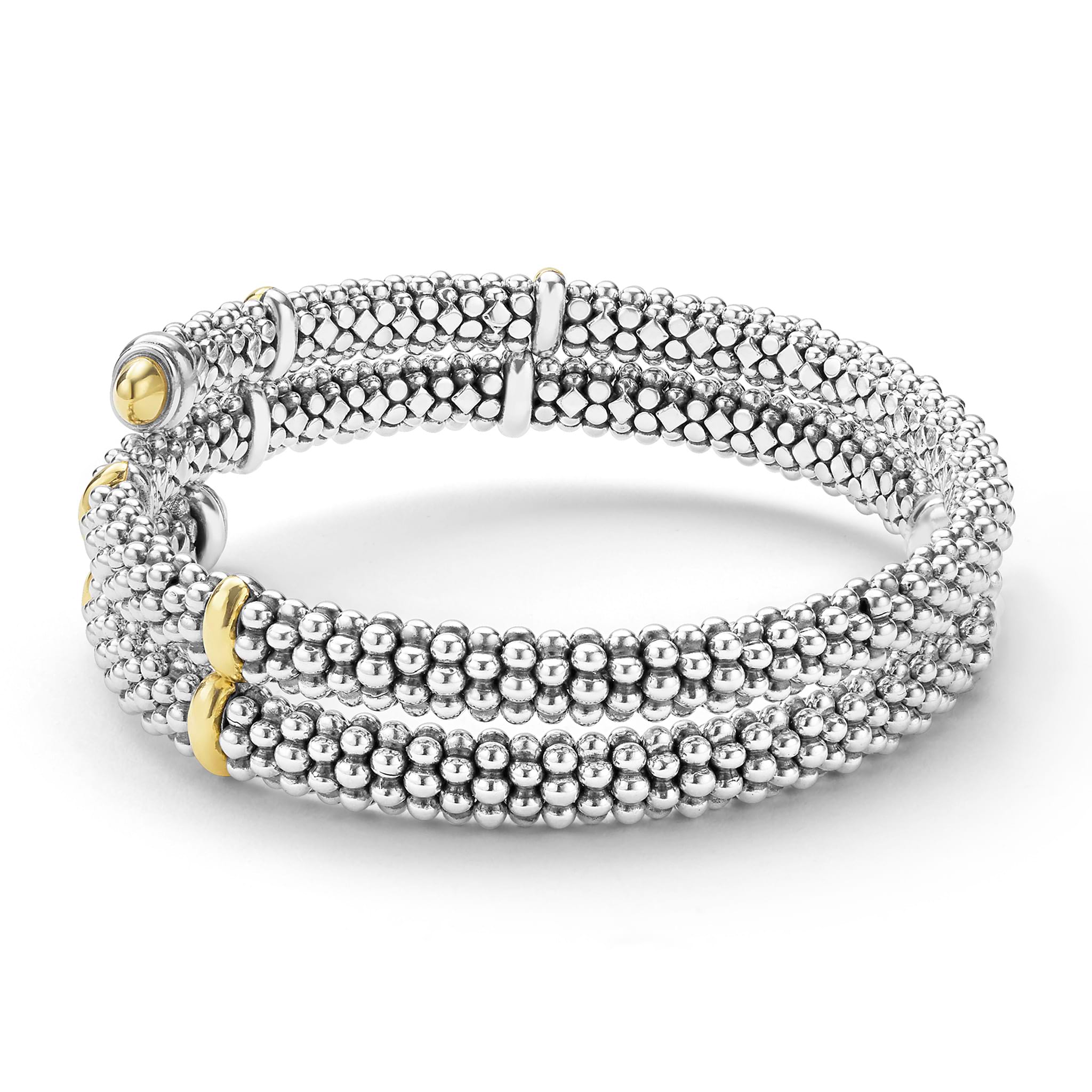 side of 5mm sterling silver wrap bracelet with gold beaded accents