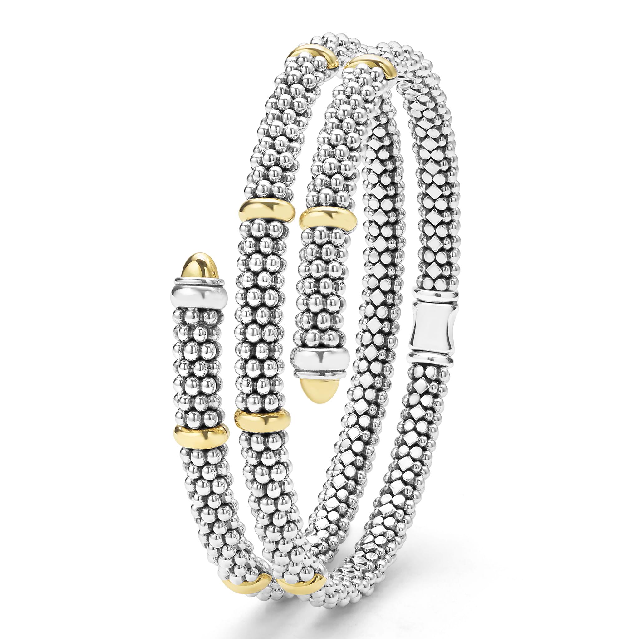 upright 5mm sterling silver wrap bracelet with gold beaded accents