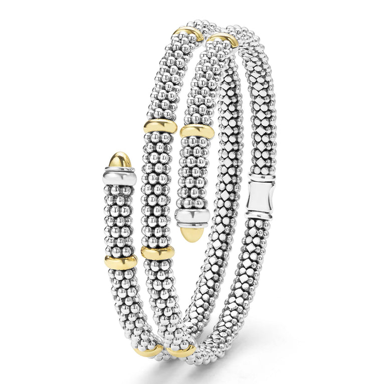 upright 5mm sterling silver wrap bracelet with gold beaded accents