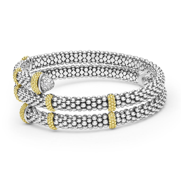 side of 5mm sterling silver wrap bracelet with gold and diamond accents