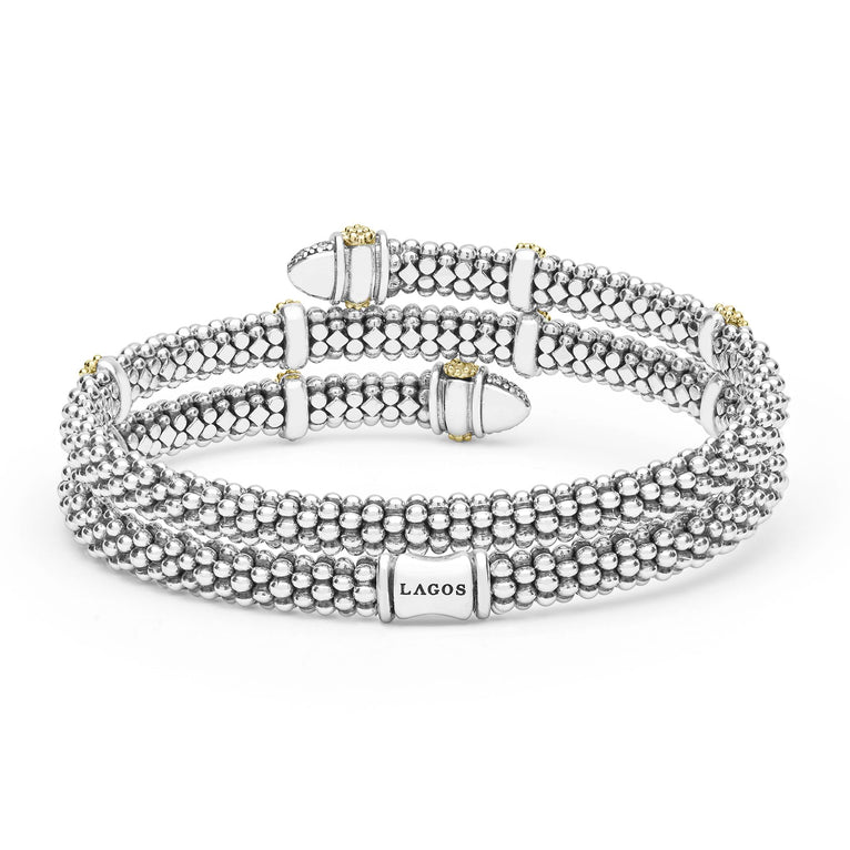 back of 5mm sterling silver wrap bracelet with gold and diamond accents and LAGOS engraving
