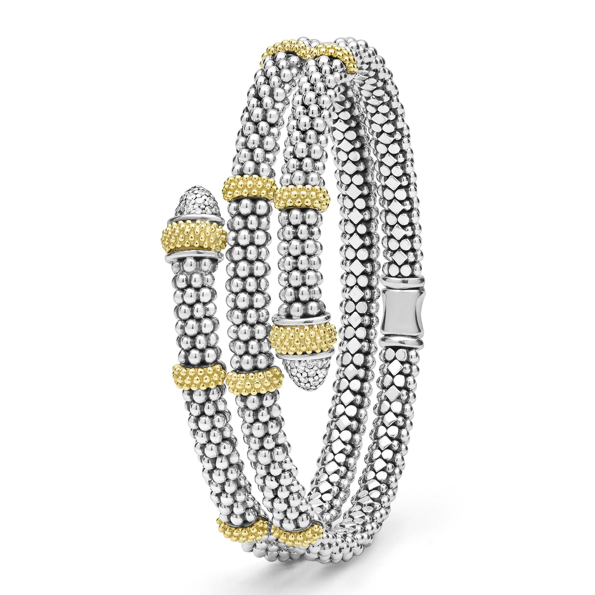 upright 5mm sterling silver wrap bracelet with gold and diamond accents