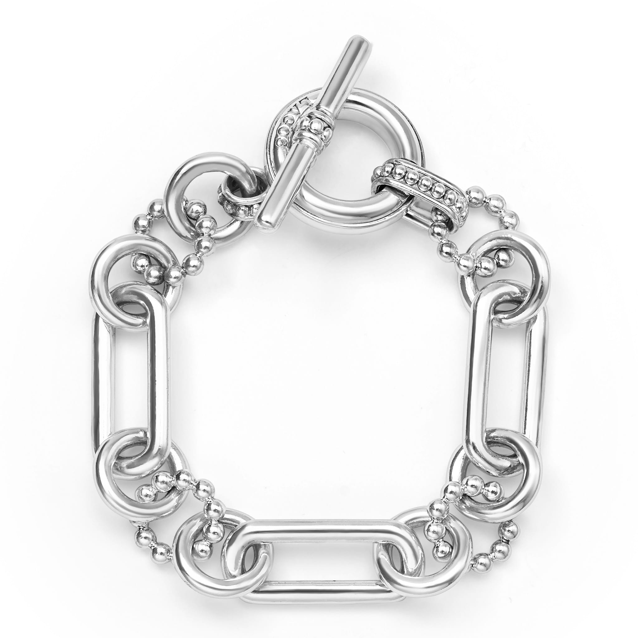 Signature Caviar Sterling Silver Link Bracelet, featuring polished circular and oval links with metal bead accents and a toggle clasp, exemplifies modern elegance and craftsmanship.
