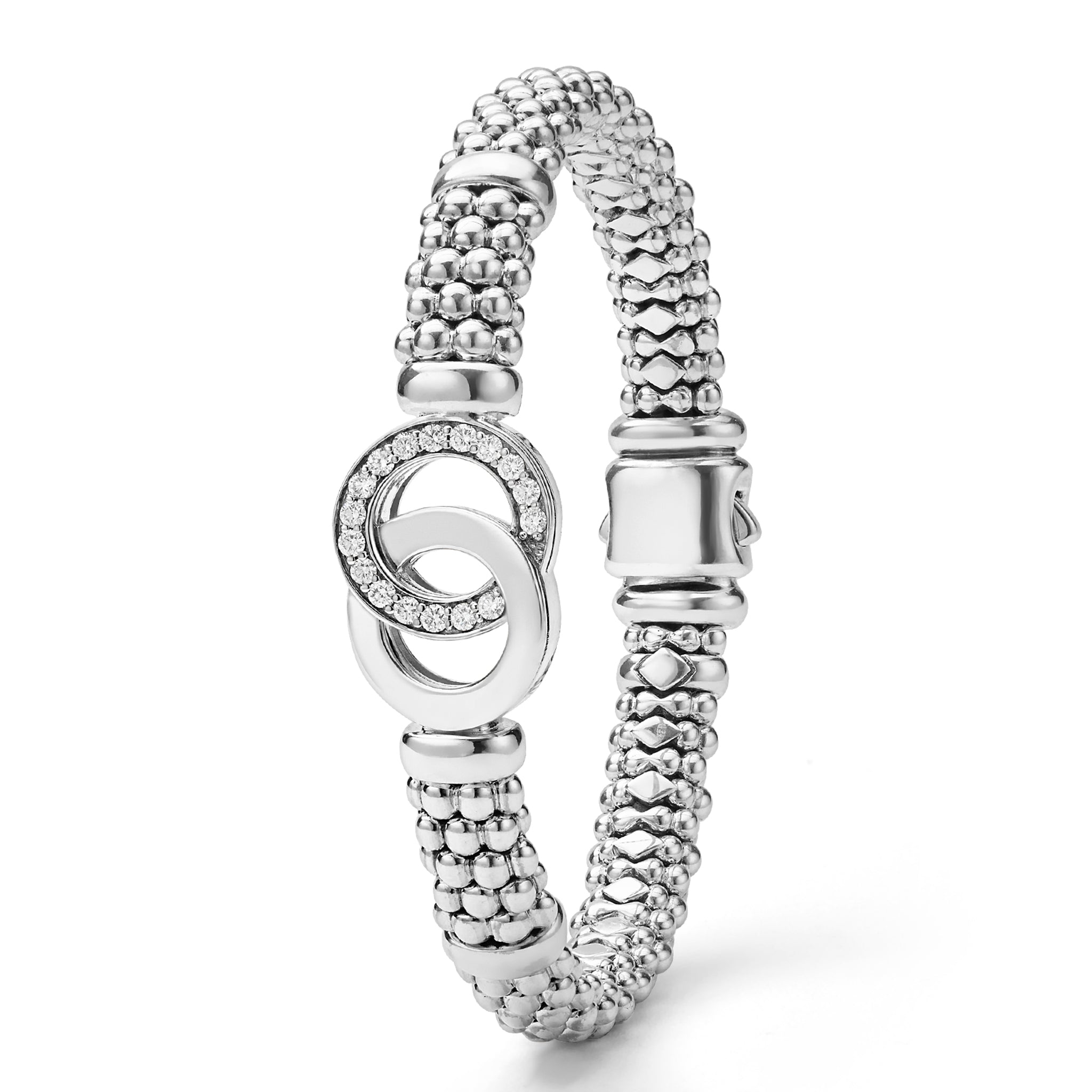 Signature Caviar Silver Interlocking Diamond Caviar Bracelet, featuring interlocking circle charms with pavé crystals on a woven silver-bead chain, showcasing elegance and quality craftsmanship.
