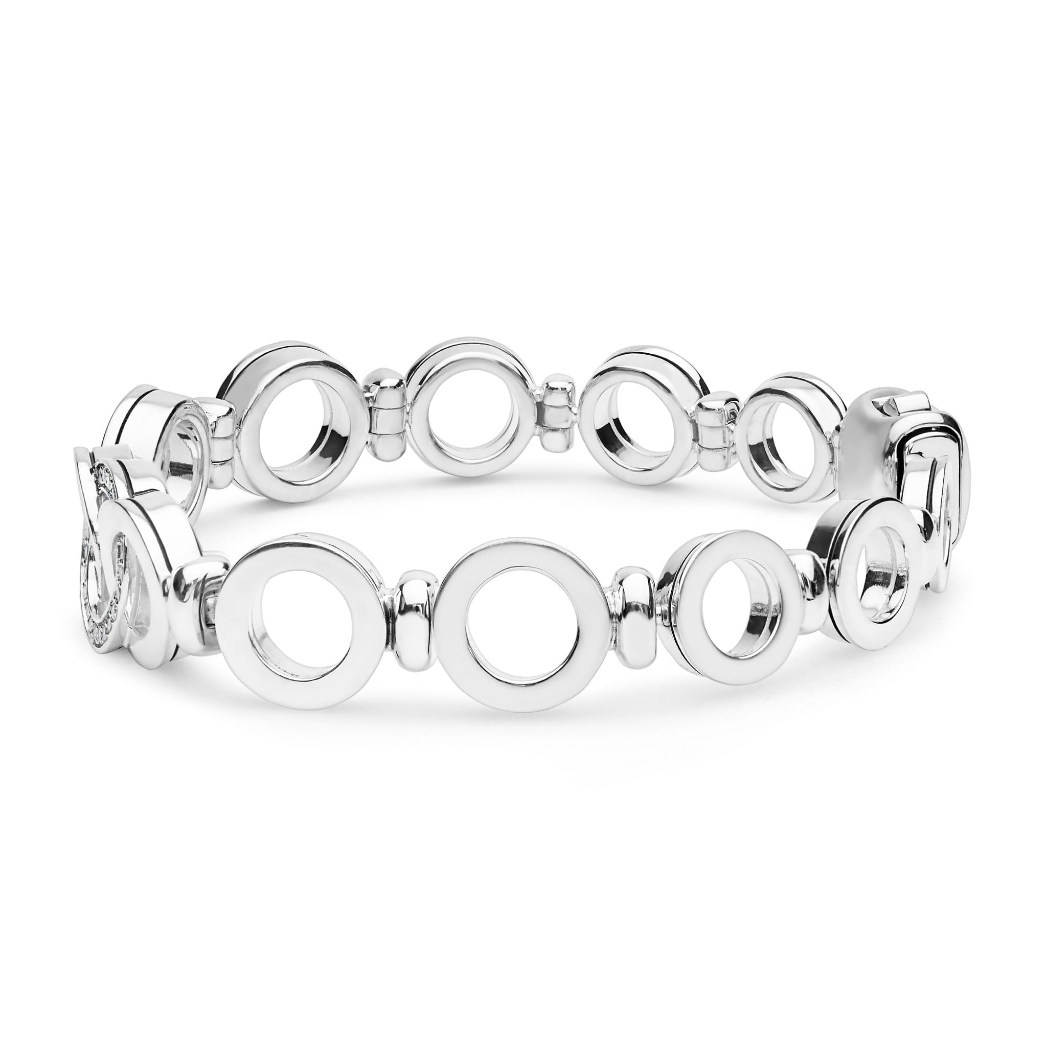 Signature Caviar Silver Interlocking Diamond Link Bracelet featuring polished circular links of sterling silver, showcasing elegance and connection with sparkling diamonds.