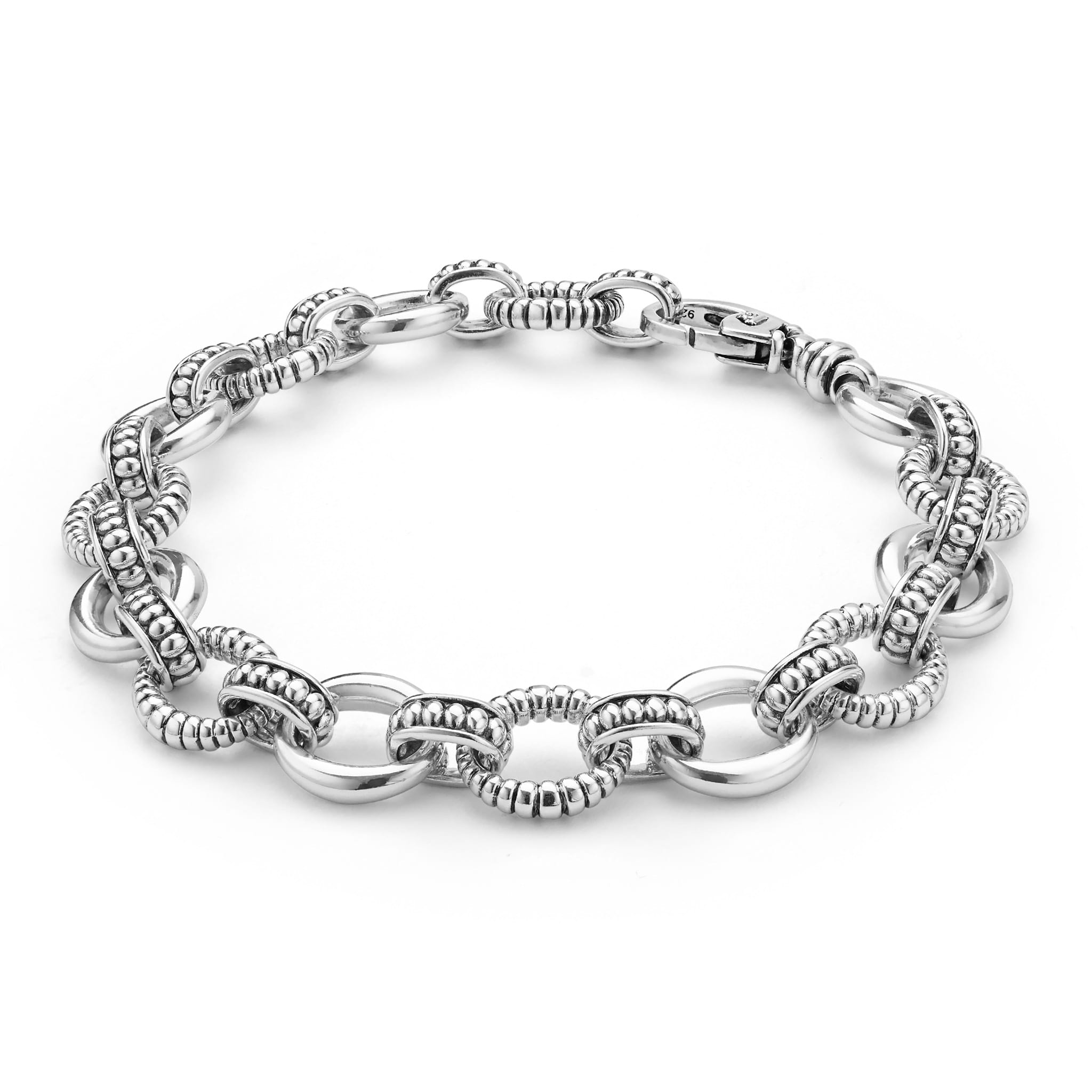 Signature Caviar Sterling Silver Fluted Oval Link Bracelet with polished and textured links, showcasing a 925 sterling stamp, exemplifying LAGOS artisan craftsmanship.
