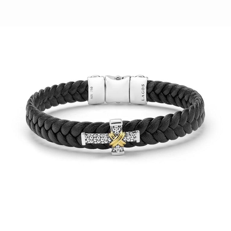 Anthem Two-Tone Braided Vegan Leather Cross Bracelet with sterling silver clasp and gold-accented cross, embodying LAGOS's dedication to elegance and quality craftsmanship.