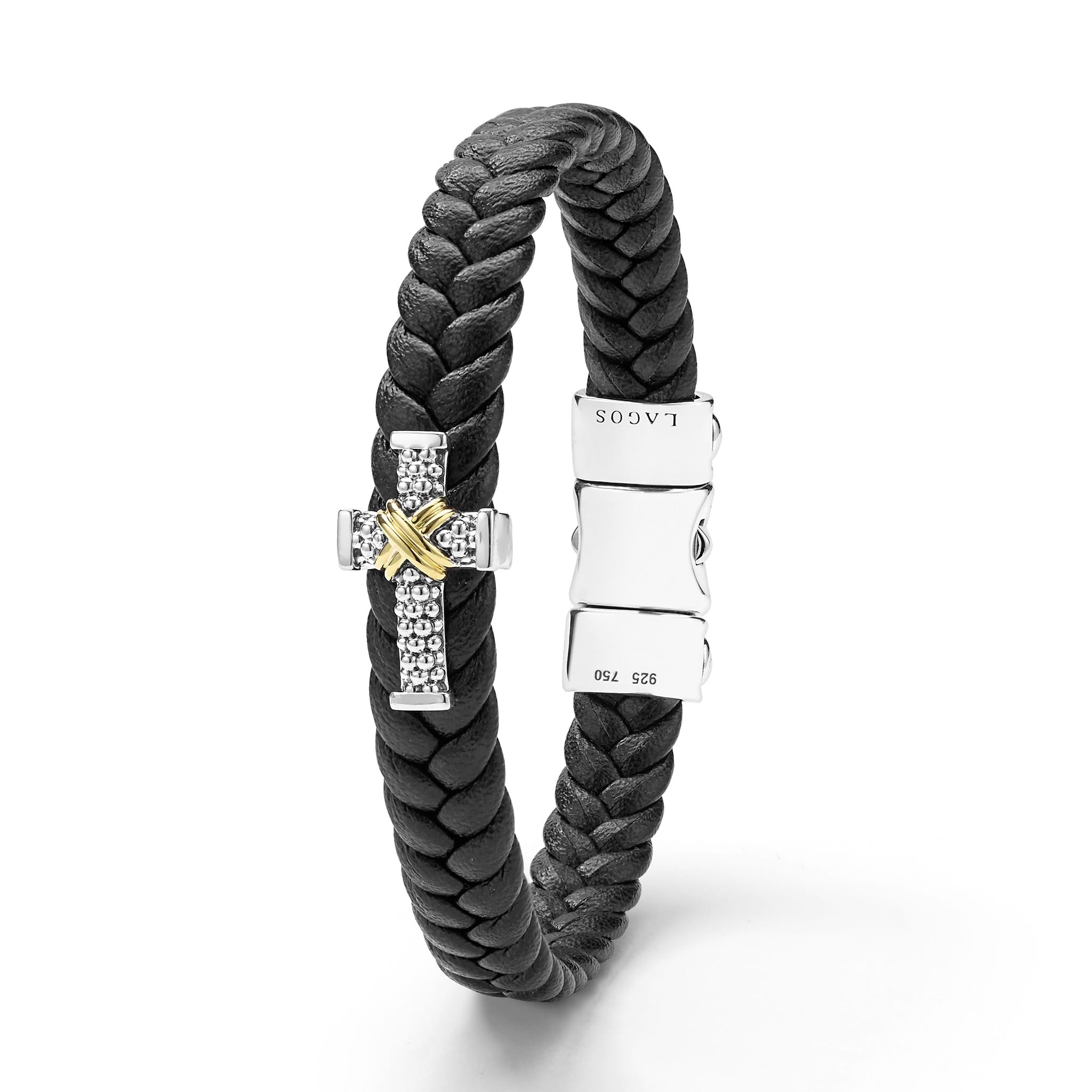 Anthem Two-Tone Braided Vegan Leather Cross Bracelet with sterling-silver clasp and decorative silver bead featuring gold X overlay.