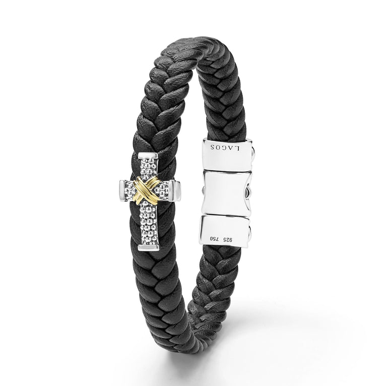 Anthem Two-Tone Braided Vegan Leather Cross Bracelet with sterling-silver clasp and decorative silver bead featuring gold X overlay.