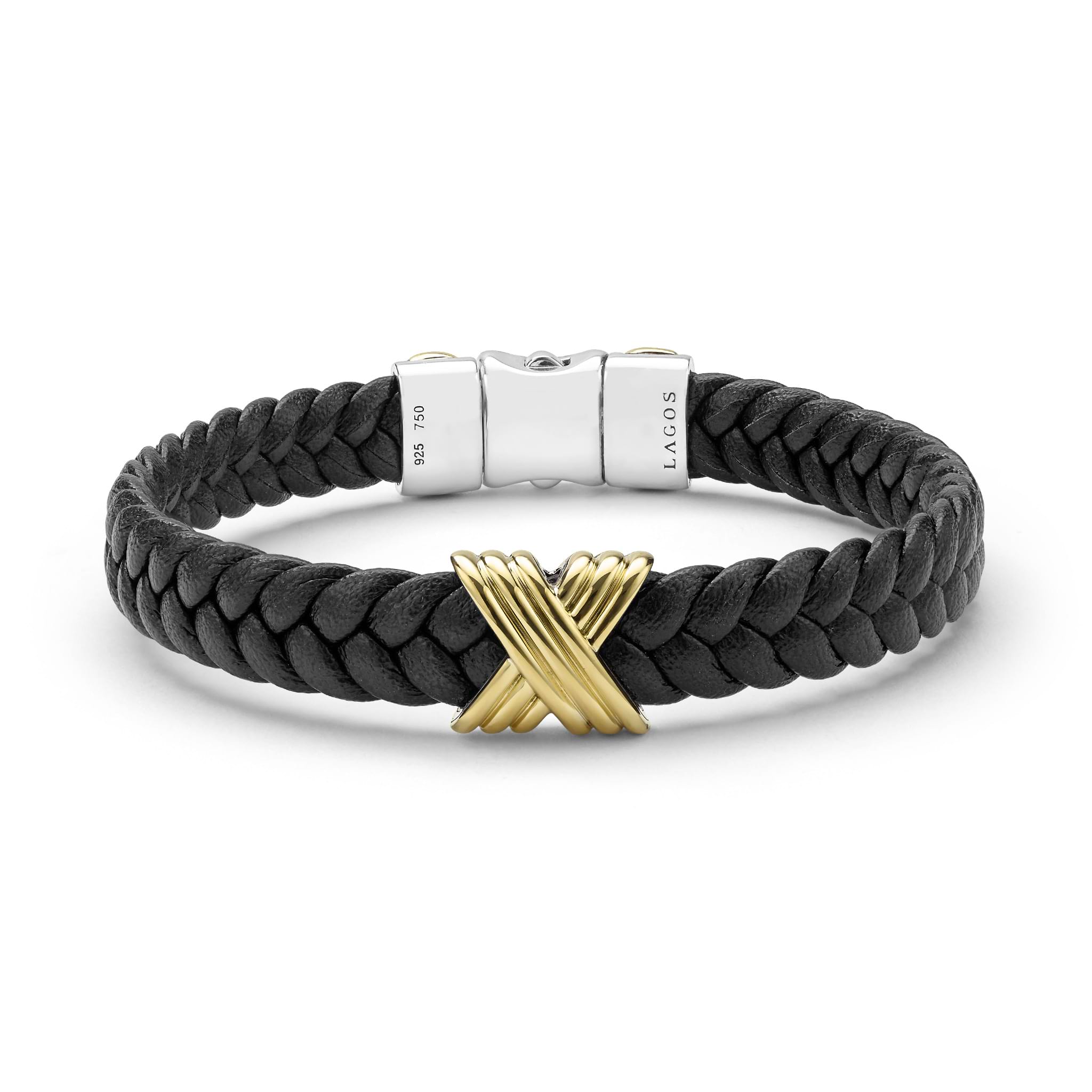Anthem Two-Tone Braided Vegan Leather X Bracelet with gold-tone X accent and polished metal clasp, showcasing LAGOS craftsmanship in fine, elegant jewelry.