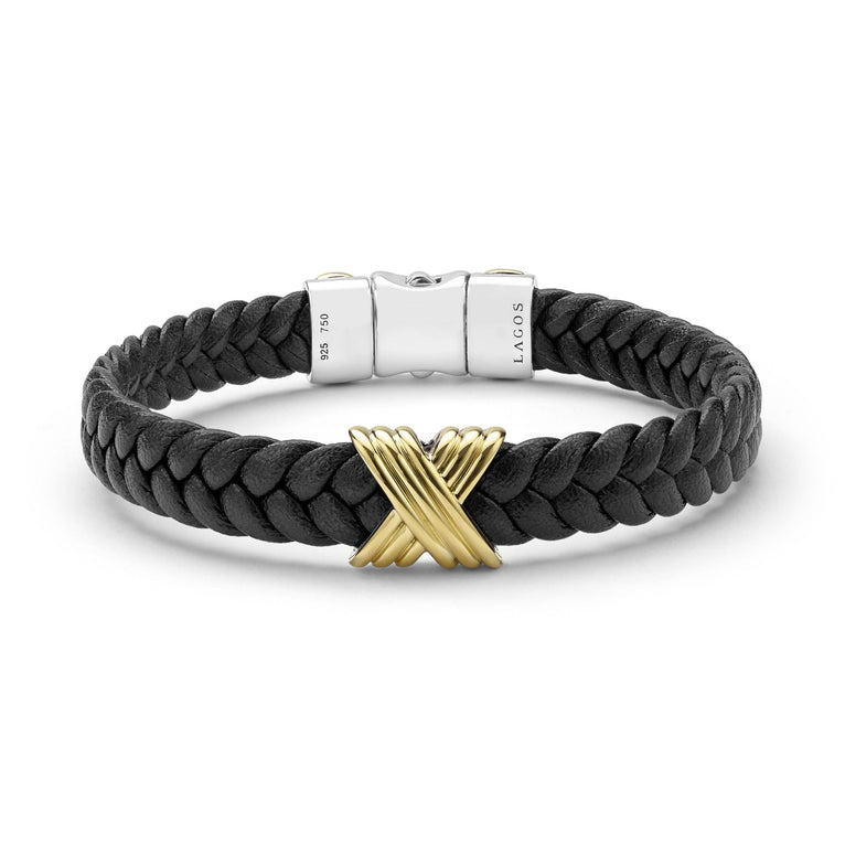 Anthem Two-Tone Braided Vegan Leather X Bracelet with gold-tone X accent and polished metal clasp, showcasing LAGOS craftsmanship in fine, elegant jewelry.