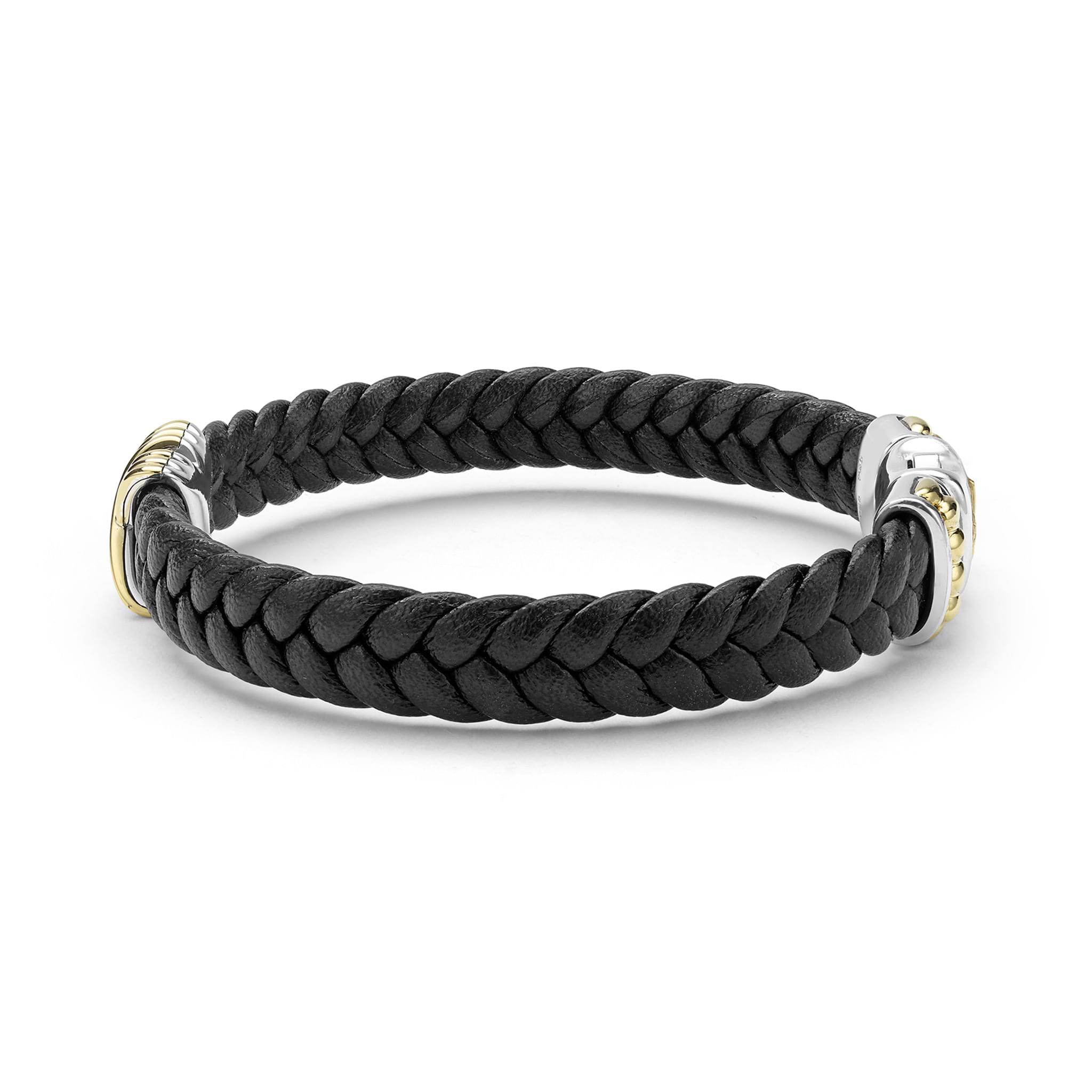 Anthem Two-Tone Braided Vegan Leather X Bracelet, featuring black braided leather with silver and gold accents, showcasing an elegant 18k gold X design.