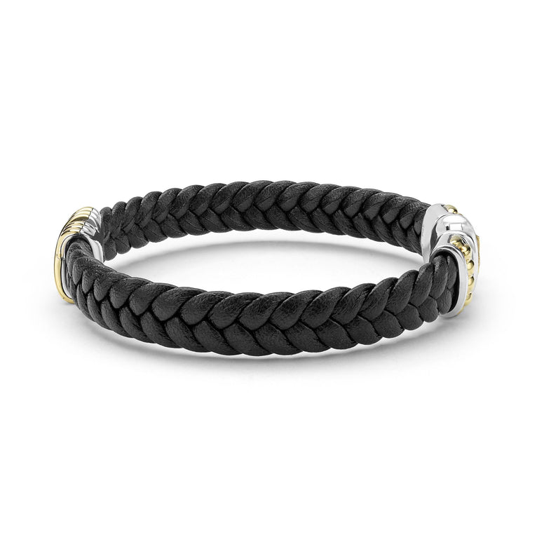 Anthem Two-Tone Braided Vegan Leather X Bracelet, featuring black braided leather with silver and gold accents, showcasing an elegant 18k gold X design.