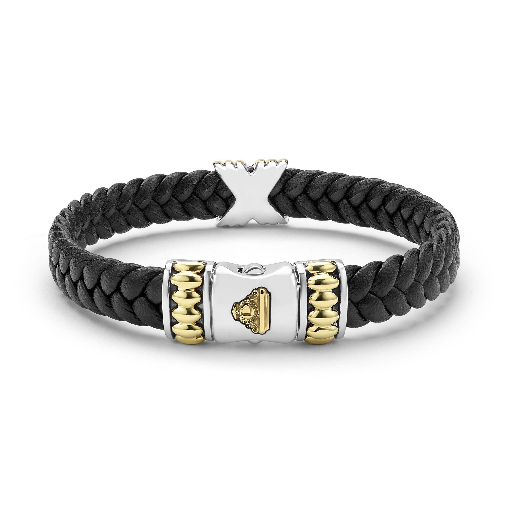 Anthem Two-Tone Braided Vegan Leather X Bracelet with black braided leather and polished gold-tone X detail, featuring a silver-tone clasp with embossed motif.