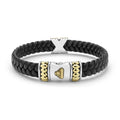 Anthem Two-Tone Braided Vegan Leather X Bracelet with black braided leather and polished gold-tone X detail, featuring a silver-tone clasp with embossed motif.