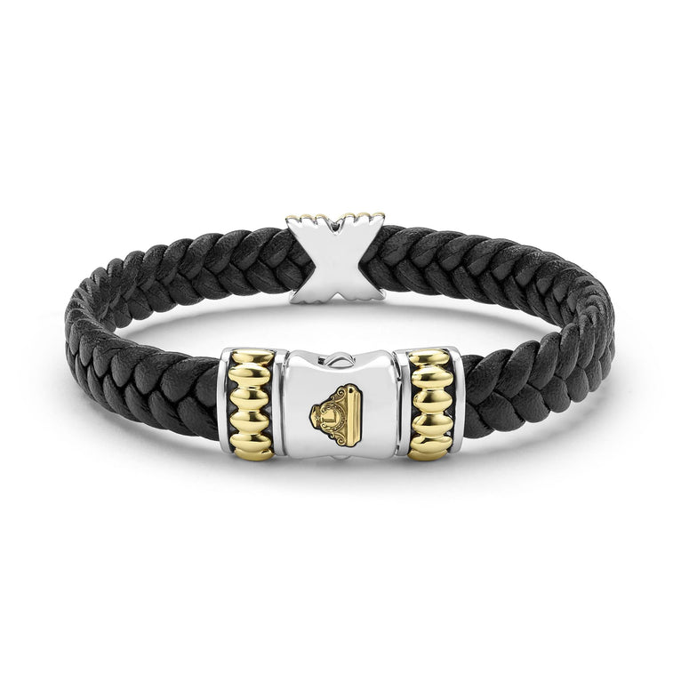 Anthem Two-Tone Braided Vegan Leather X Bracelet with black braided leather and polished gold-tone X detail, featuring a silver-tone clasp with embossed motif.